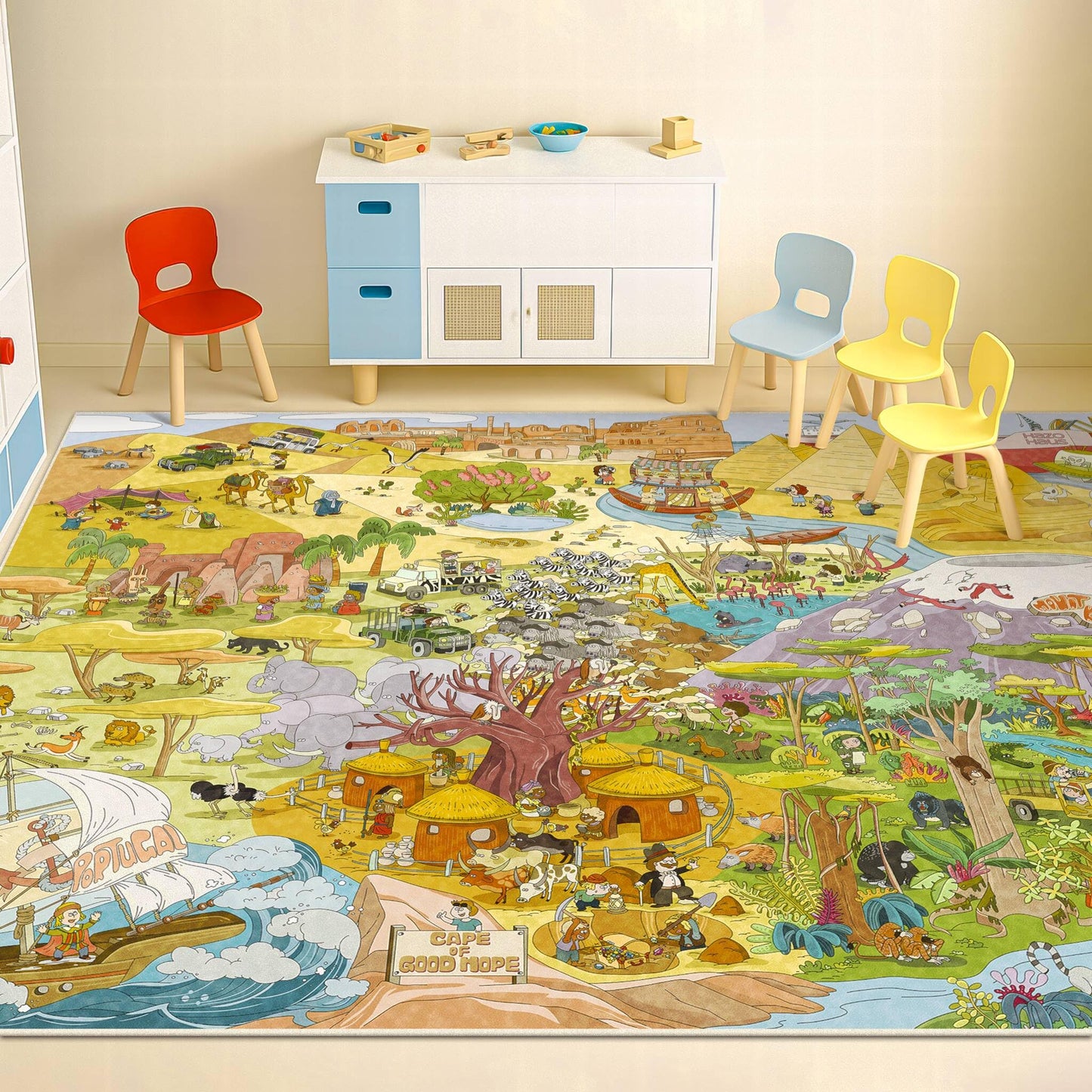 Large Kids Playroom Rug 8x10 – Desert Adventure Safari Animal Map Carpet with Lions, Elephants, Giraffes & Tribes – Educational Play Mat for Boys & Girls Bedroom, Classroom, or Reading Nook