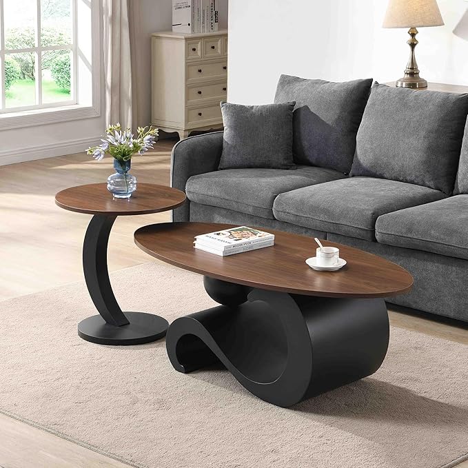 Modern Oval Coffee Table Set of 2, Wood Nesting Coffee Tables
