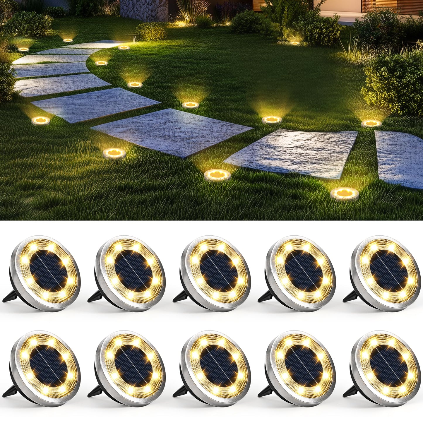 SOLPEX 10 Pack Solar Ground Lights Outdoor Waterproof, Solar Powered Pathway Lights, Landscape Lighting for Garden Walkway Driveway Backyard Decor (Warm White)