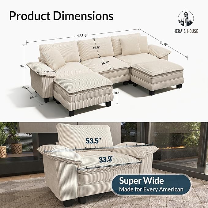 HERA'S HOUSE 124" Modular Sectional Sofa, Oversized U Shaped Couches