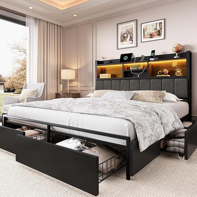 LARMACE Queen Bed Frame with 6 Storage Drawers, Bed Frame Queen Size with Linen