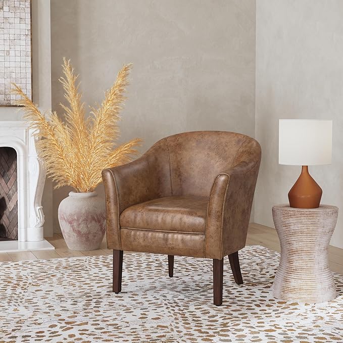 HomePop Modern Barrel Accent Chair, Distressed Brown Faux Leather