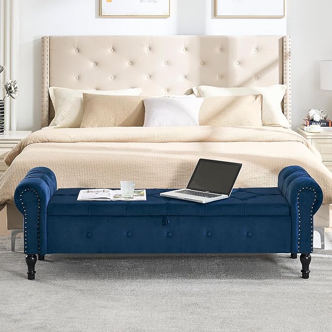Storage Bench for Bedroom, Velvet 67" End of Bed Bench, King Size Bench