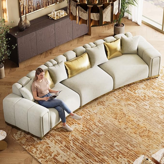 Oversized Luxury Chesterfield Sofa Set Velvet Beige and Gold Couch
