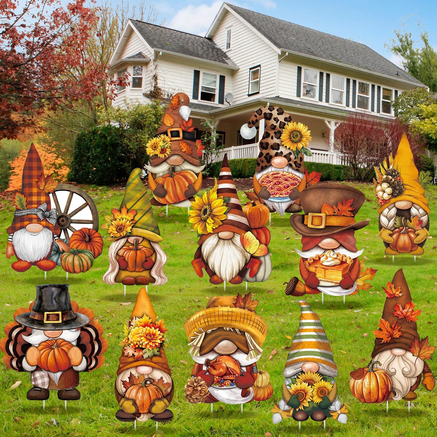 Sintuff 12 Pcs Fall Yard Sign Gnome Stakes Autumn Harvest Gnomes Yard Ornament Thanksgiving Garden Signs for Holiday Party Home Farmhouse Pathway Garden Lawn Outdoor Decoration(Gnome,13.78 Inches)