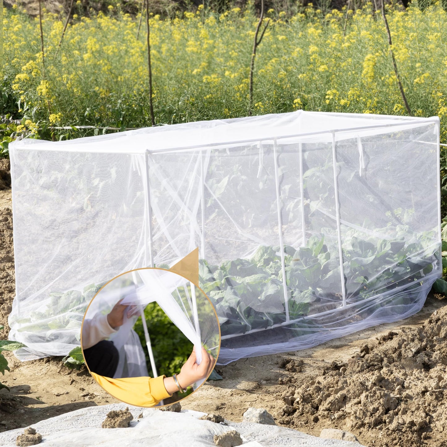 warmfarm 72 * 33 * 30 in Detachable Crop Cages for Garden, Plant Protection Tent with Garden Netting for Vegetables Fruits Flowers,Mesh Plant Covers for Outdoors White