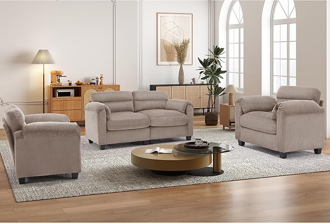 HAOMARKETS Corduroy Sofa Set, Upholstered Armchair Set of 2 and Loveseat