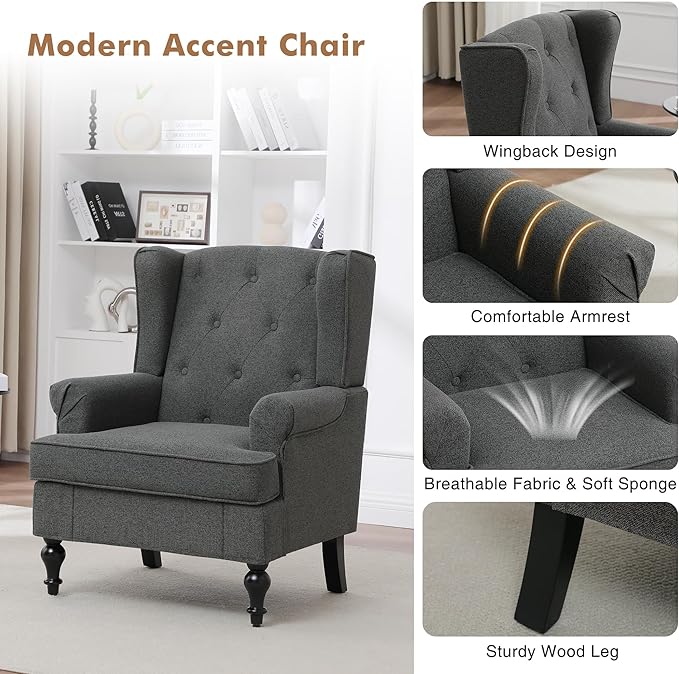 Accent Chair for Living Room, Mid Century Modern Upholstered Armchair, Wingback