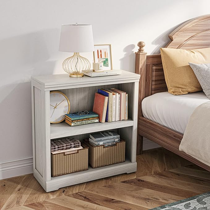 LINSY HOME 2-Tier Bookcase and Bookshelf, Small Wood Display Storage Shelves