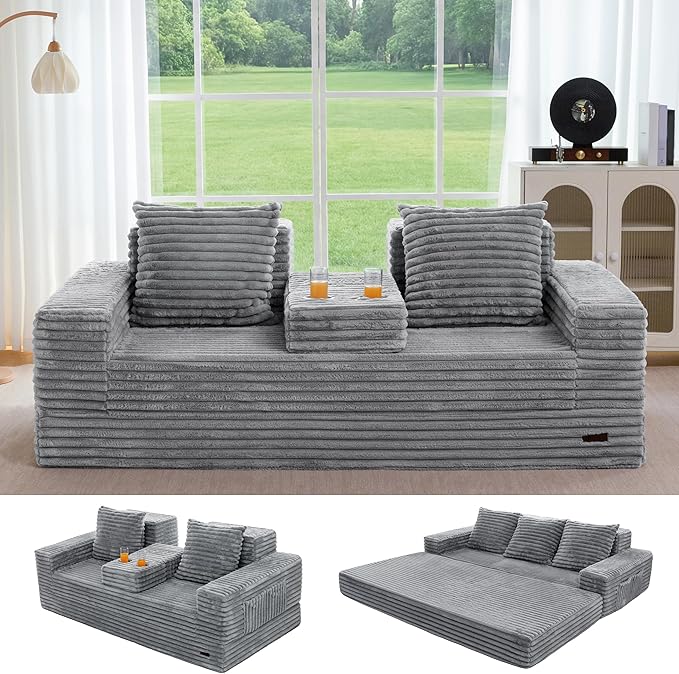 MAXYOYO Loveseat Sofa Bed, Striped Faux Fur Foldable Floor Sofa Couch in A Box