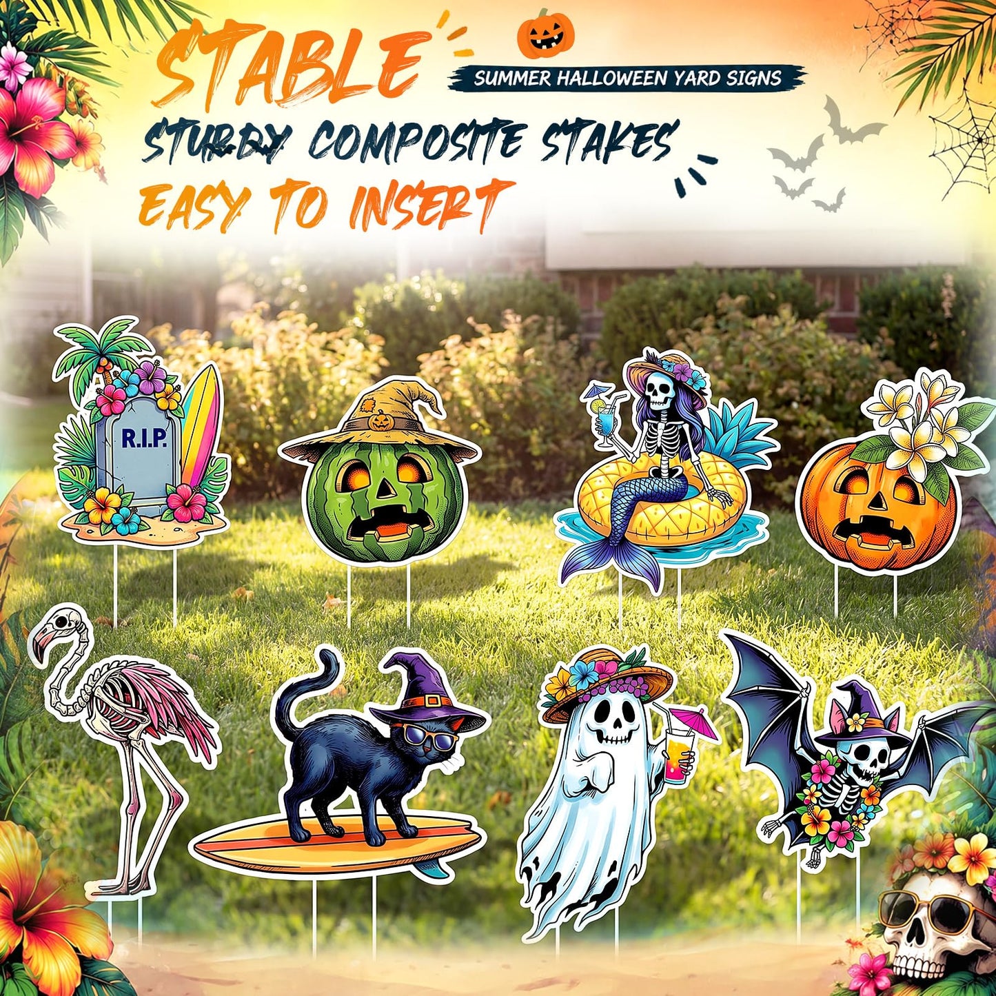 Mifoci 8 Pcs Summer Halloween Decorations Large Summer Halloween Yard Signs Waterproof Tropical Spooky Garden Stakes for Outdoor Lawn Beach Themed Party Holiday Display