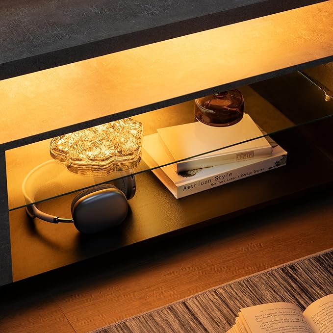 Cubehom Grey TV Stands for Living Room, Glass TV Stand, LED TV Stand for 75+