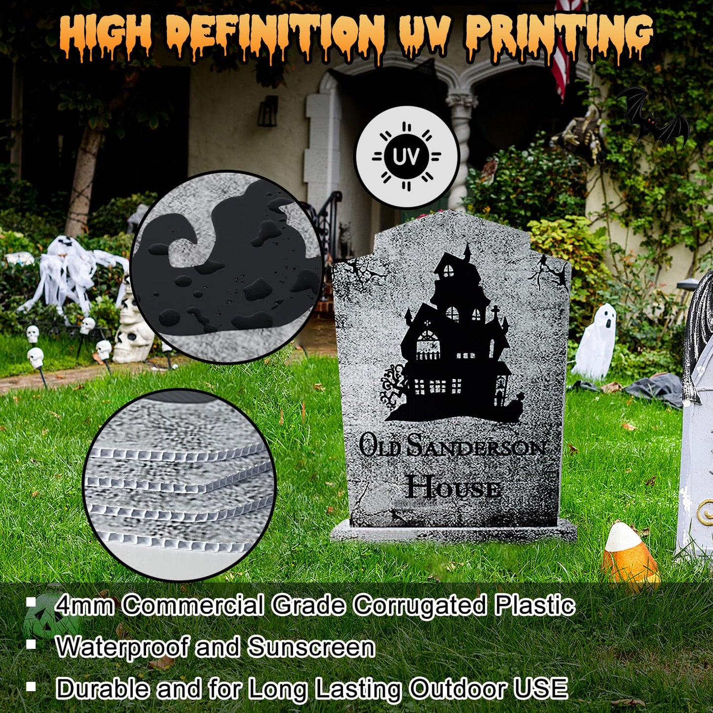 4PCS Halloween Decorations Outdoor Graveyard Tombstone Yard Sign with Stakes-16.5"X11.5"Large Halloween Graveyard Tombstones Decor Weatherproof-Gravestones Outdoor Patio Props-Kids Home Party