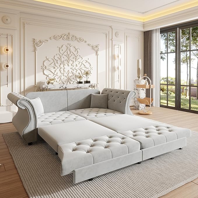 83.8" Oversized Pull Out Sofa Bed, Chesterfield Velvet Sleeper Sofa Couch
