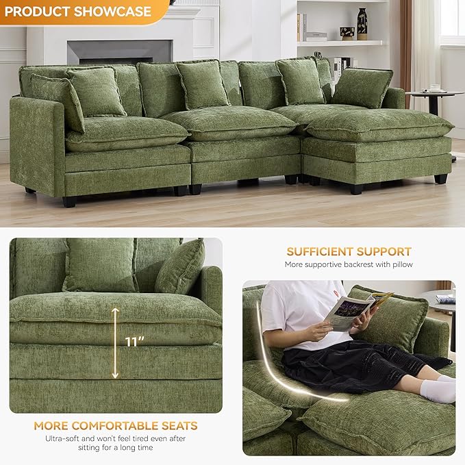 111'' Cloud Deep Seat Sectional Couch, Modern Comfy Chenille L Shaped Sectional