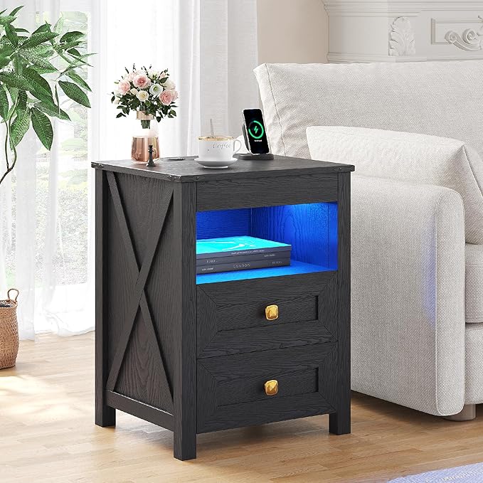 HWB LED Nightstand with Gun Drawer: Bedside Table with Charging Station