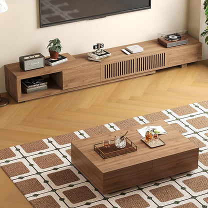 Mid-Century Modern Expandable Coffee Table & TV Stand Set, Walnut Finish – Elegant Storage Combo for Living Room, Bedroom, or Lounge (78.54“ to 103" TV Stand+Coffee Table)