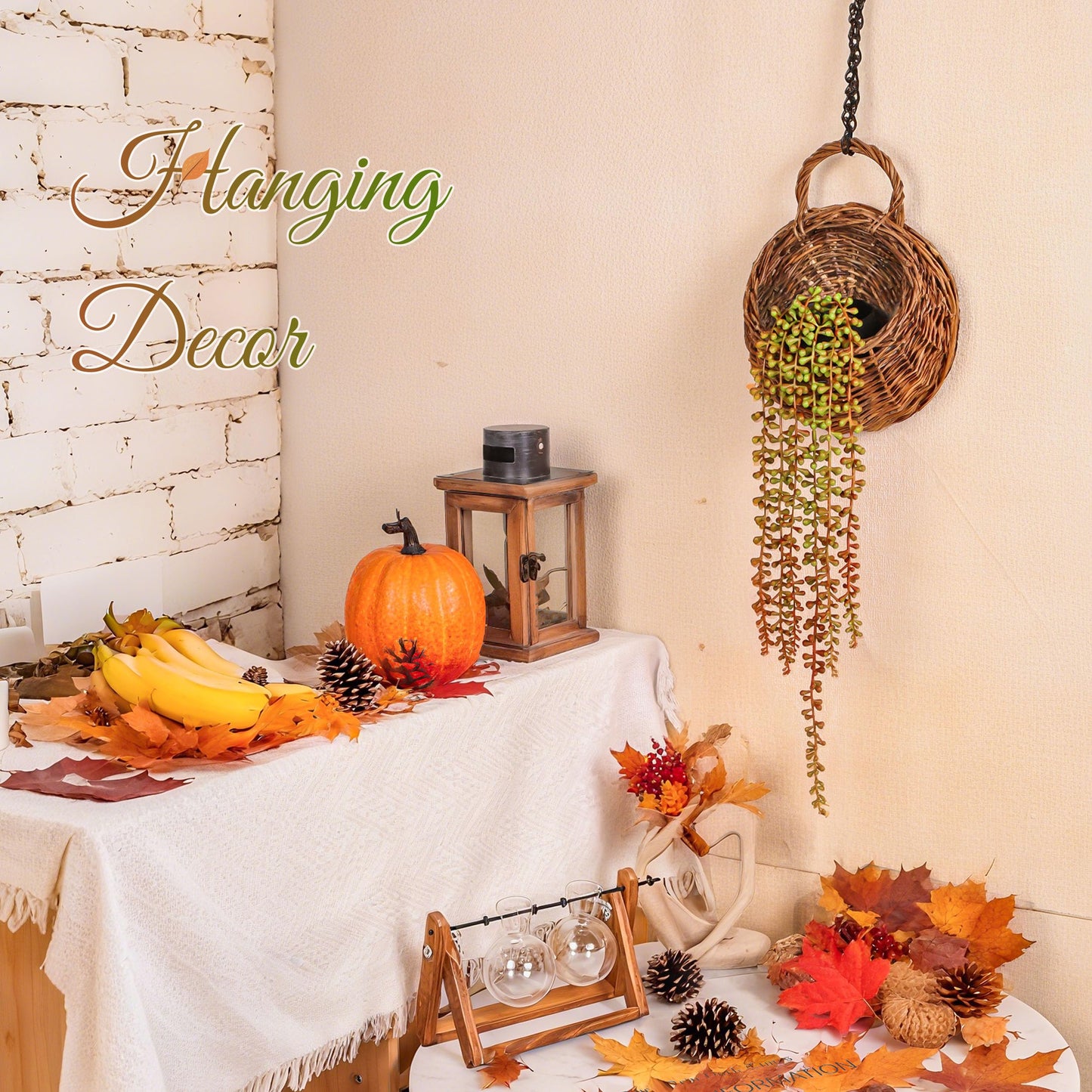Der Rose 4Pcs Fake Fall Plants Hanging Orange Artificial Eucalyptus Plants, Boston Fern, Fake Potho, String of Pearls for Halloween Bathroom Table Centerpiece Wall Mantle Decor Indoor and Outdoor