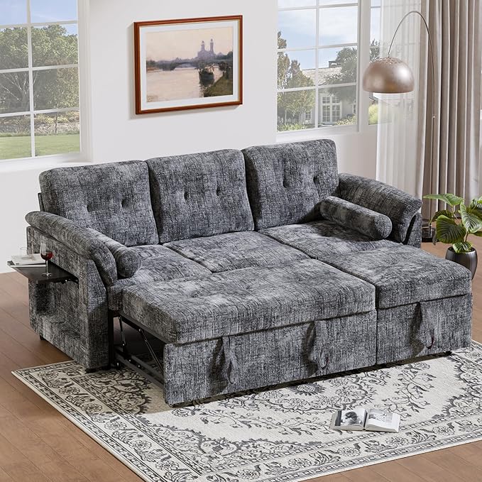 Convertible Sleeper Sofa Bed, 63 Inch Chenille Pull Out Couch