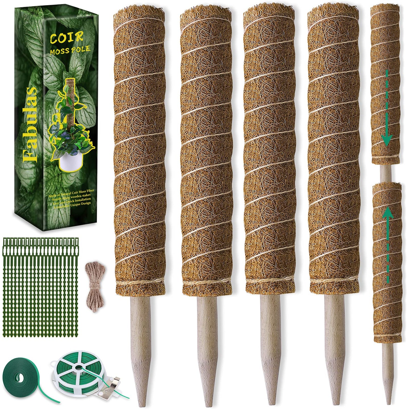 Fabulas Moss Pole 47.5 Inch - Monstera Plant Support, 4 Packs 16 Inch Plant Stakes for Indoor Plants Coco Coir Moss Pole Sticks for Climbing Potted Live Plants, Pothos, Philodendron, with Garden Ties