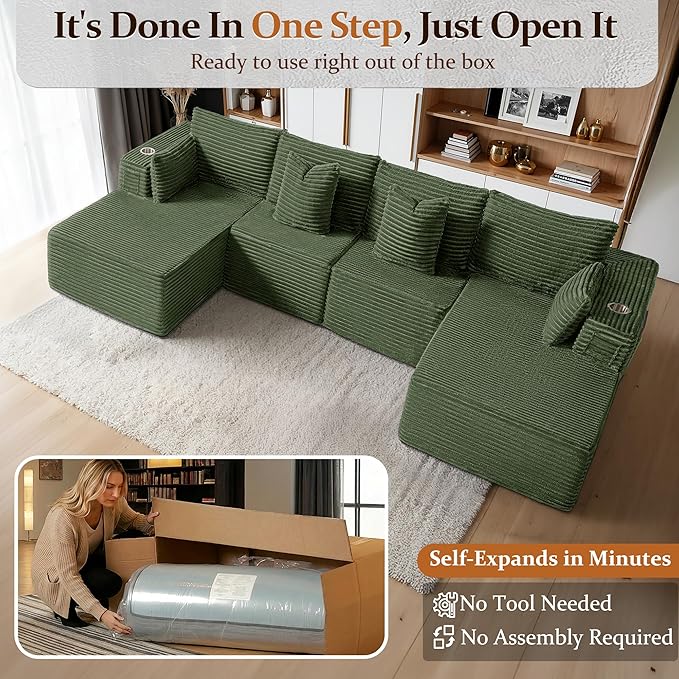 138" Cloud Sectional Couch, Comfort U Shaped Sofa