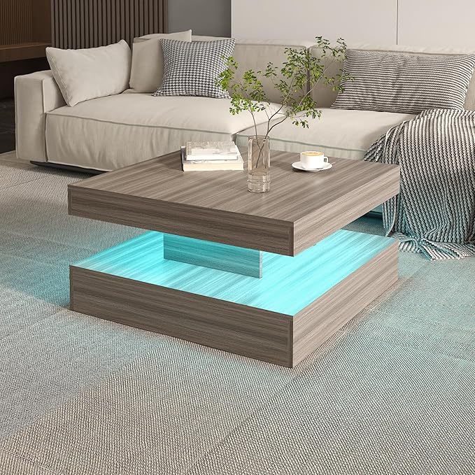 HedoAjim LED Coffee Table for Living Room, Living Room Table 2-Tier Square