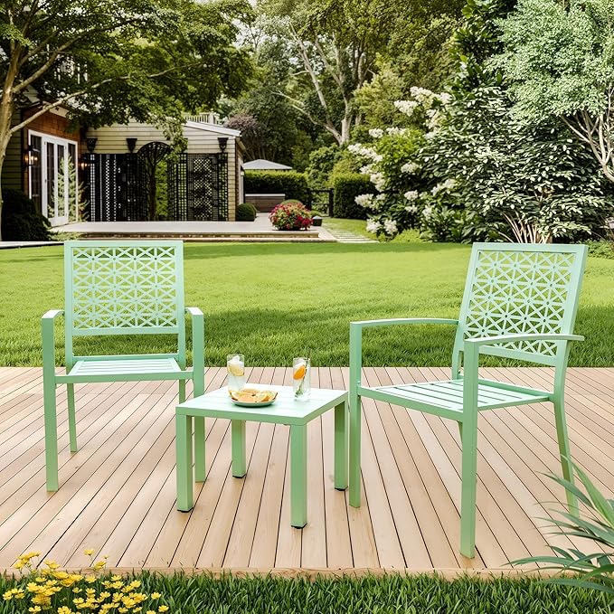 GarveeTech 3 PCS Outdoor Bistro Set, Stackable Modern Metal Steel Table and
