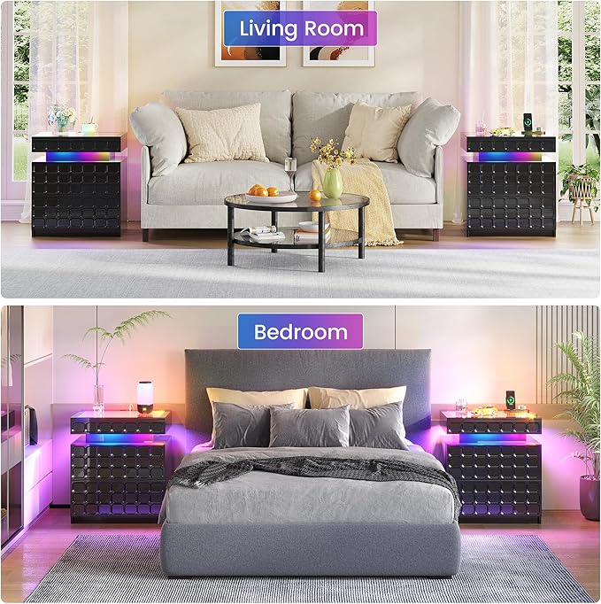 Night Stand with Charging Station and Smart RGB Lights, LED Nightstand with