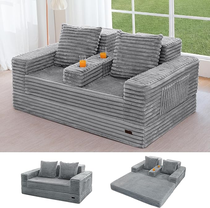 MAXYOYO Loveseat Sofa Bed, Striped Faux Fur Foldable Floor Sofa Couch in A Box