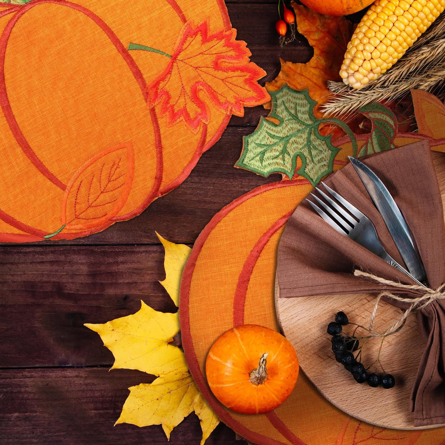 Yingzhao 6 Pcs Thanksgiving Fall Pumpkin Placemats Autumn Harvest Orange Table Place mats Embroidered 14'' Round Decorative Placemats for Holiday Party Kitchen Dinning Table Decorations
