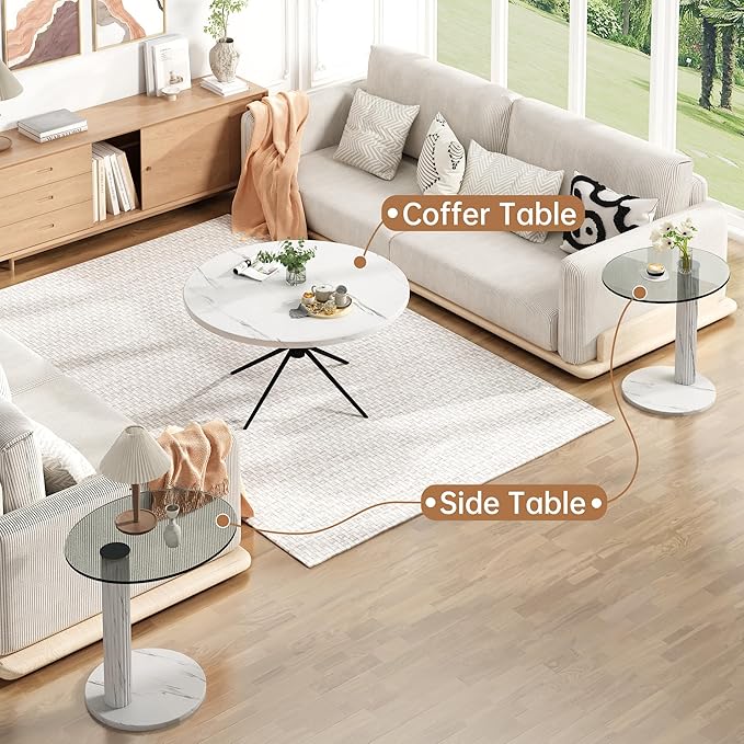 Hooseng Set of 2 Round Coffee Tables, Faux Marble Top and Modern Tempered