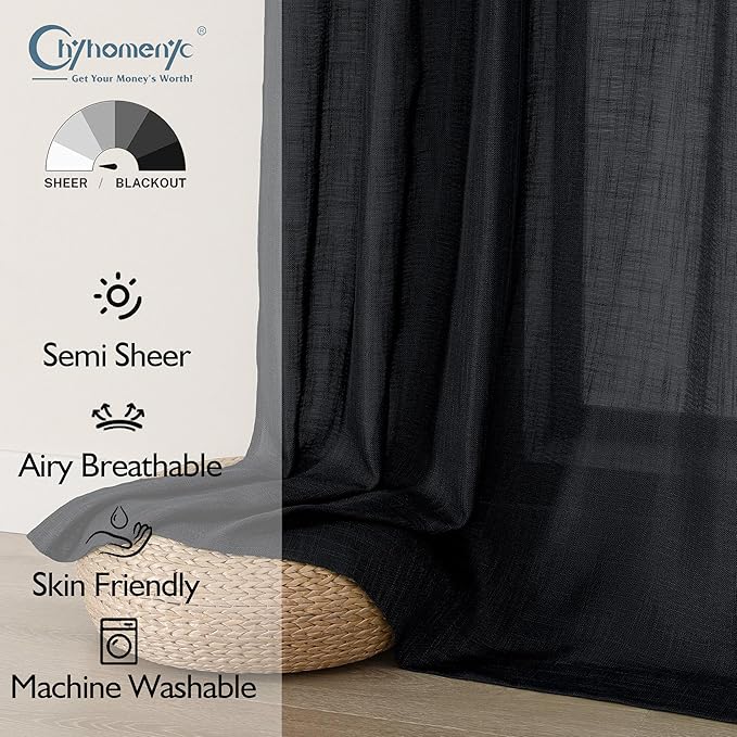 Chyhomenyc Black Semi Sheer Curtains 84 Inches Long 2 Panels Set, Light