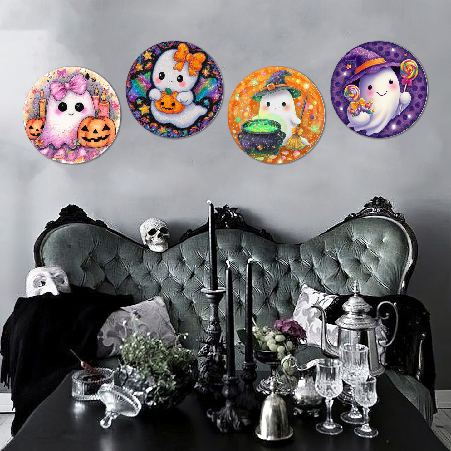 TracyArt Halloween Wall Decor, Horror Gifts - Cute Ghosts, Halloween Poster, Horror Decor, 4 pcs 12"
