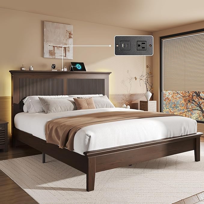 Lifezone Wood Queen Bed, Solid Wood Bed
