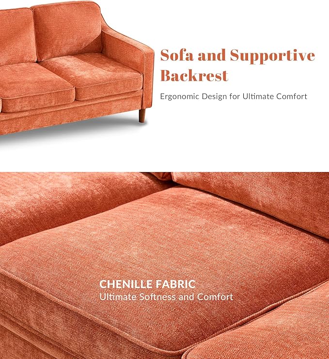 Kingfun 80" Chenille Sofa, 3 Seater Couch, Mid Century Modern Couches
