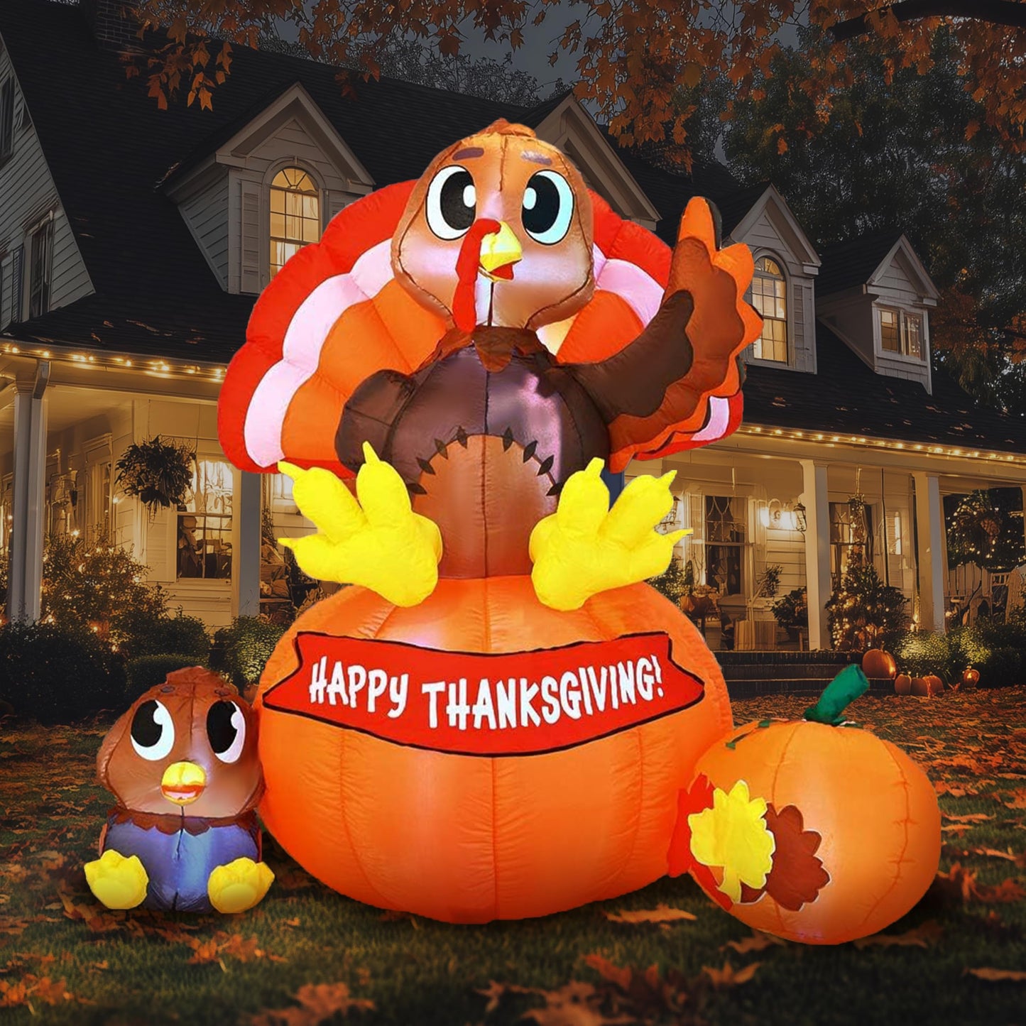 Joiedomi 6 ft Thanksgiving Inflatable Turkey on Pumpkin Decoration, LED Light Up Blow Up Turkey for Autumn Thanksgiving Family Party Décor, Halloween Inflatable for Yard Garden