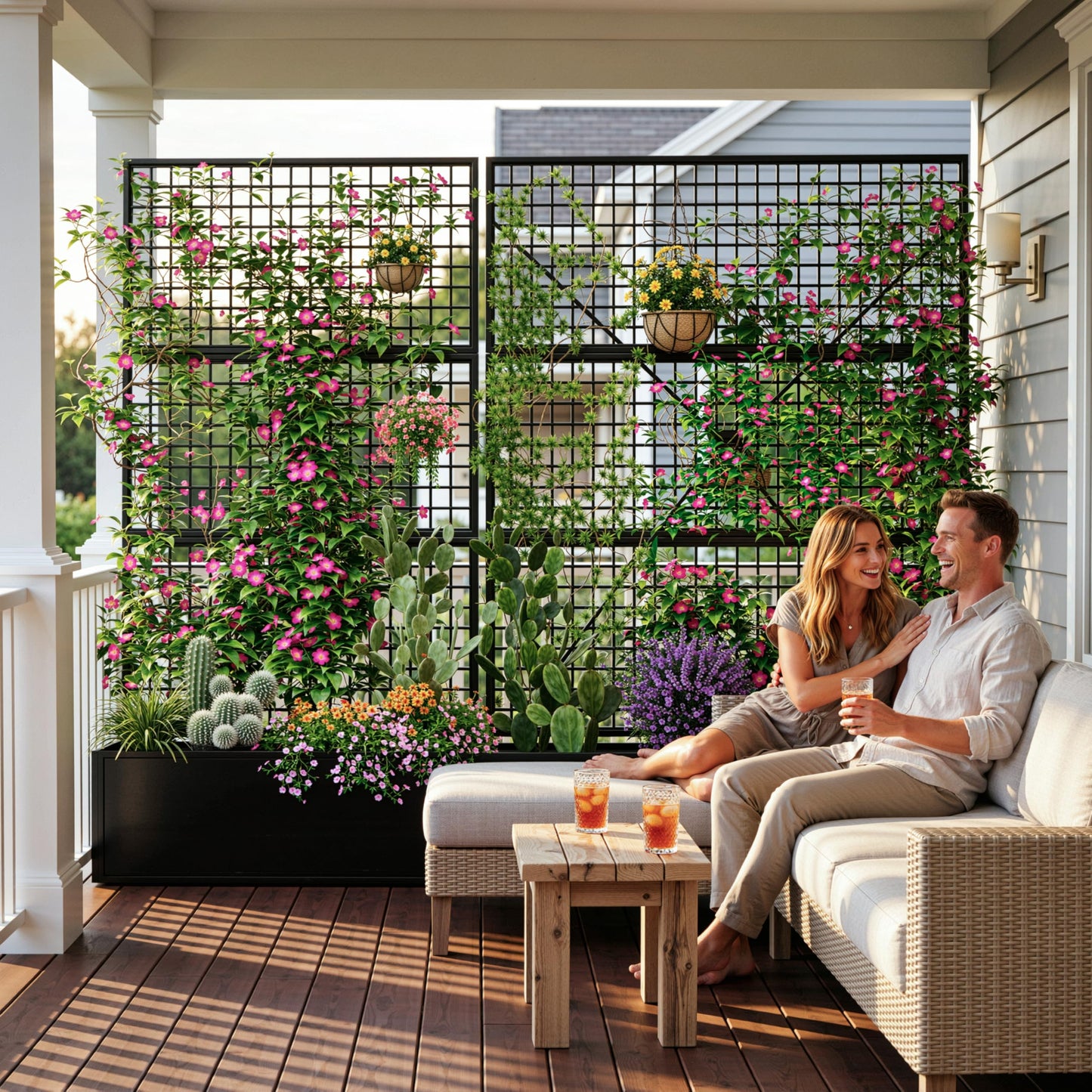 Privacy Planters for Patio – Metal Raised Garden Bed with Trellis and Privacy Screen, 71" x 35" x 16" Planter Box with Drainage Holes for Climbing Plants, Vegetables, and Vines, Outdoor Backyard Black