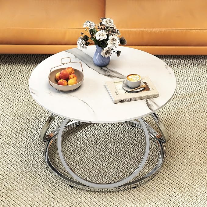 O&K FURNITURE Silver Coffee Table, Round Coffee Table Faux Marble Veins