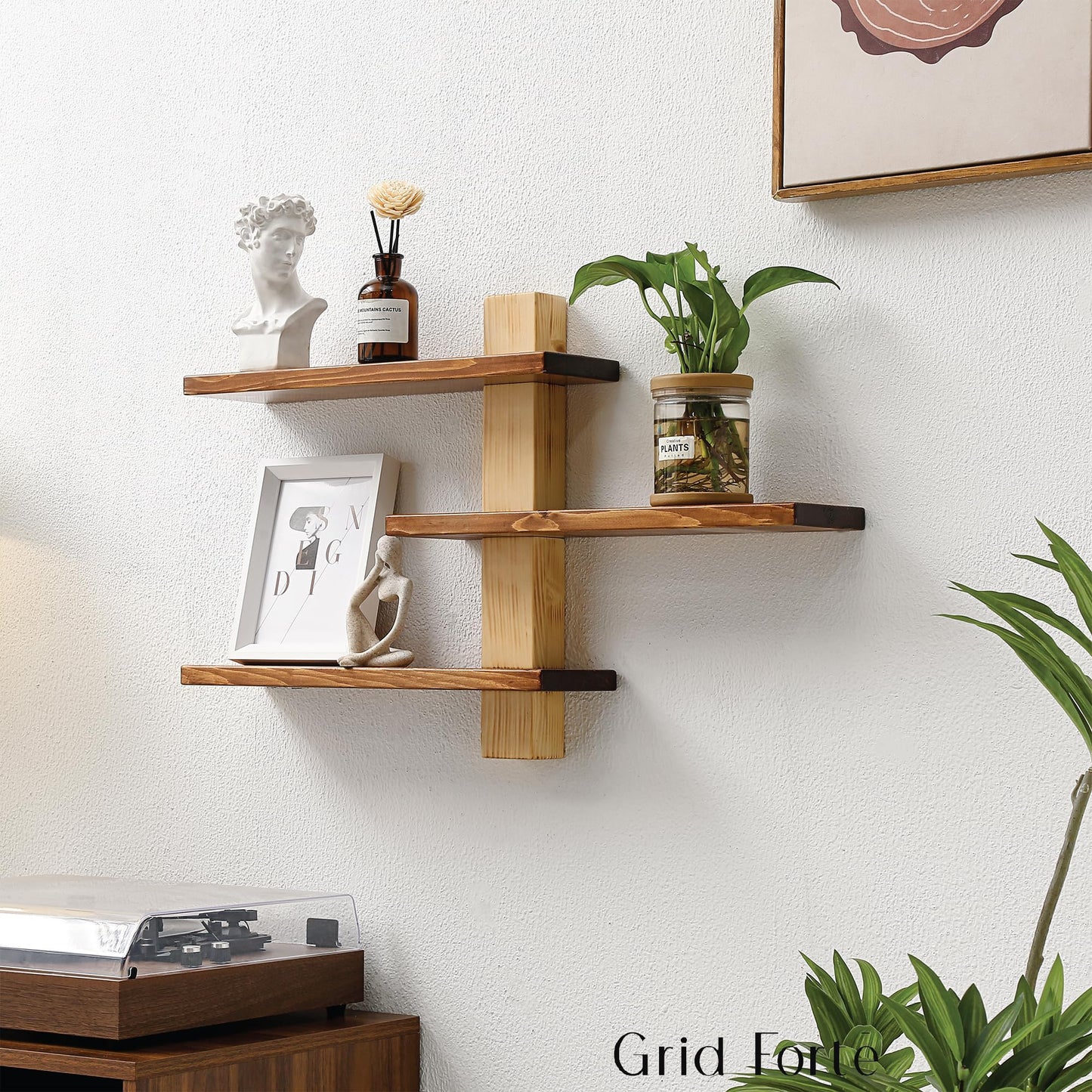 GRID FORTE Wood 3 Tier Floating Shelf, Large Minimalist Wall Shelves, Mid Century Modern Furniture, Art Deco, Plant Rock Crystal Shelving for Bedroom Living Room Office Bathroom