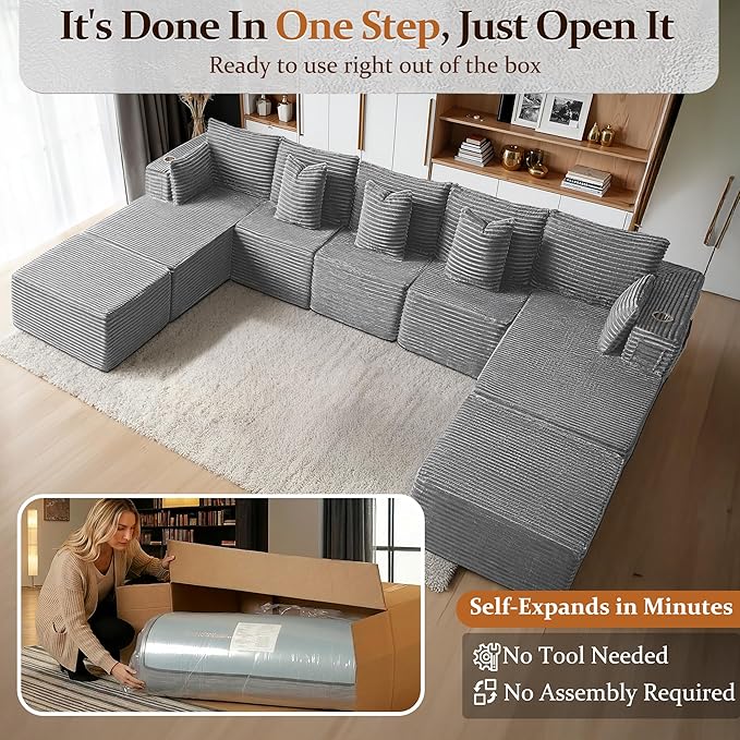 168" Cloud Sectional Couch, Comfort U Shaped Sofa