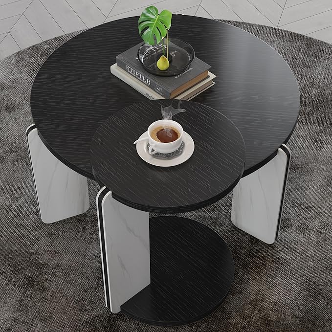 GDFStudio Round Nesting Coffee Table Set of 2, Modern Wooden Accent Side Table