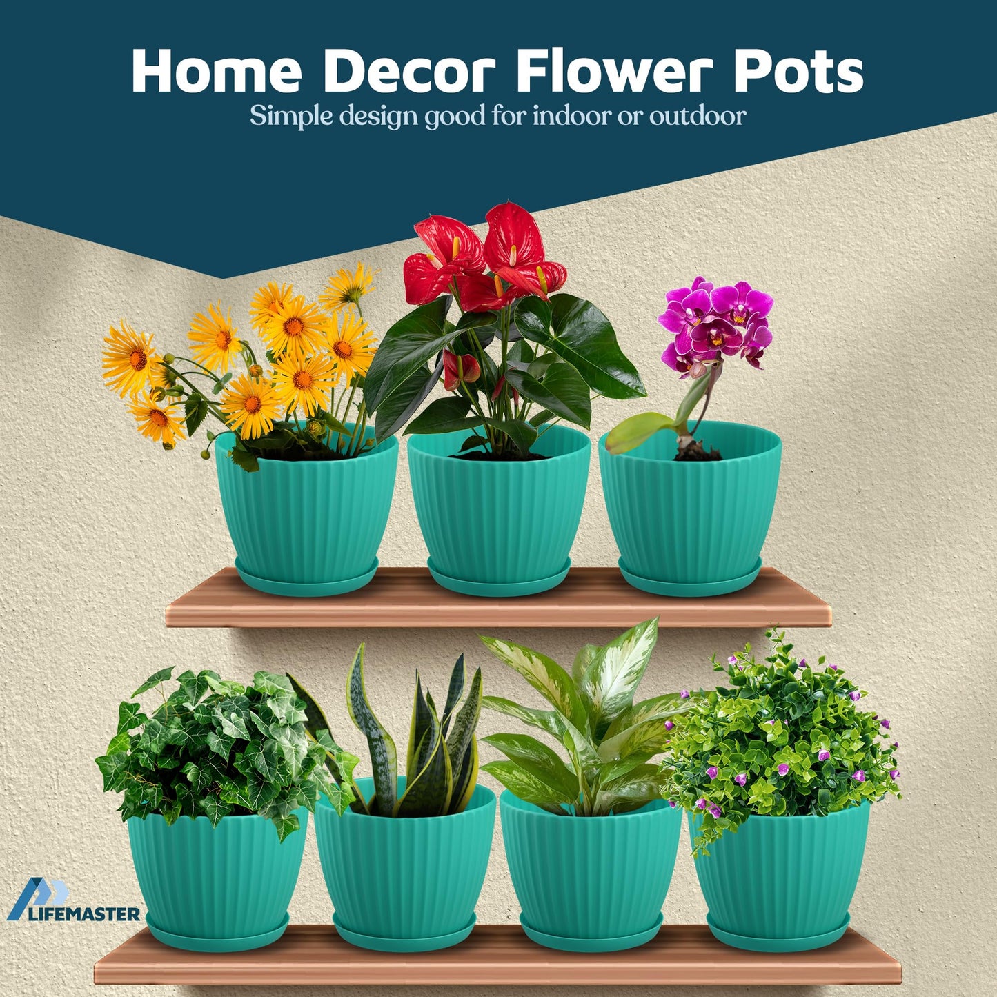 Aqua 6-Inch Plant Pots with Drainage & Saucers 12 Pack, Indoor & Outdoor Planters for Houseplants, Herbs, and Flowers, Durable & Weatherproof Material, Stackable, Lightweight, Minimalist Design