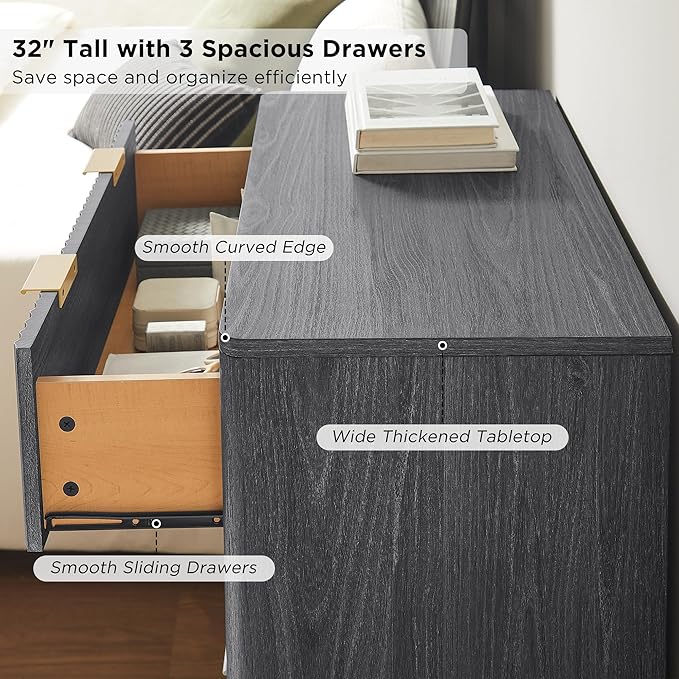 T4TREAM Fluted 3 Drawers Nightstand Set of 2, Oversized Extra Large Modern Side