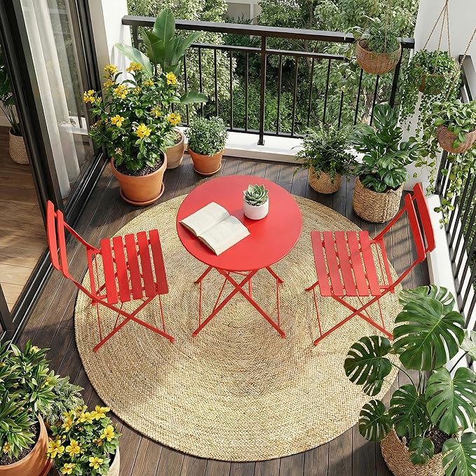 GarveeLife 3 Piece Patio Bistro Set, Folding Patio Bistro Table and Chairs Set