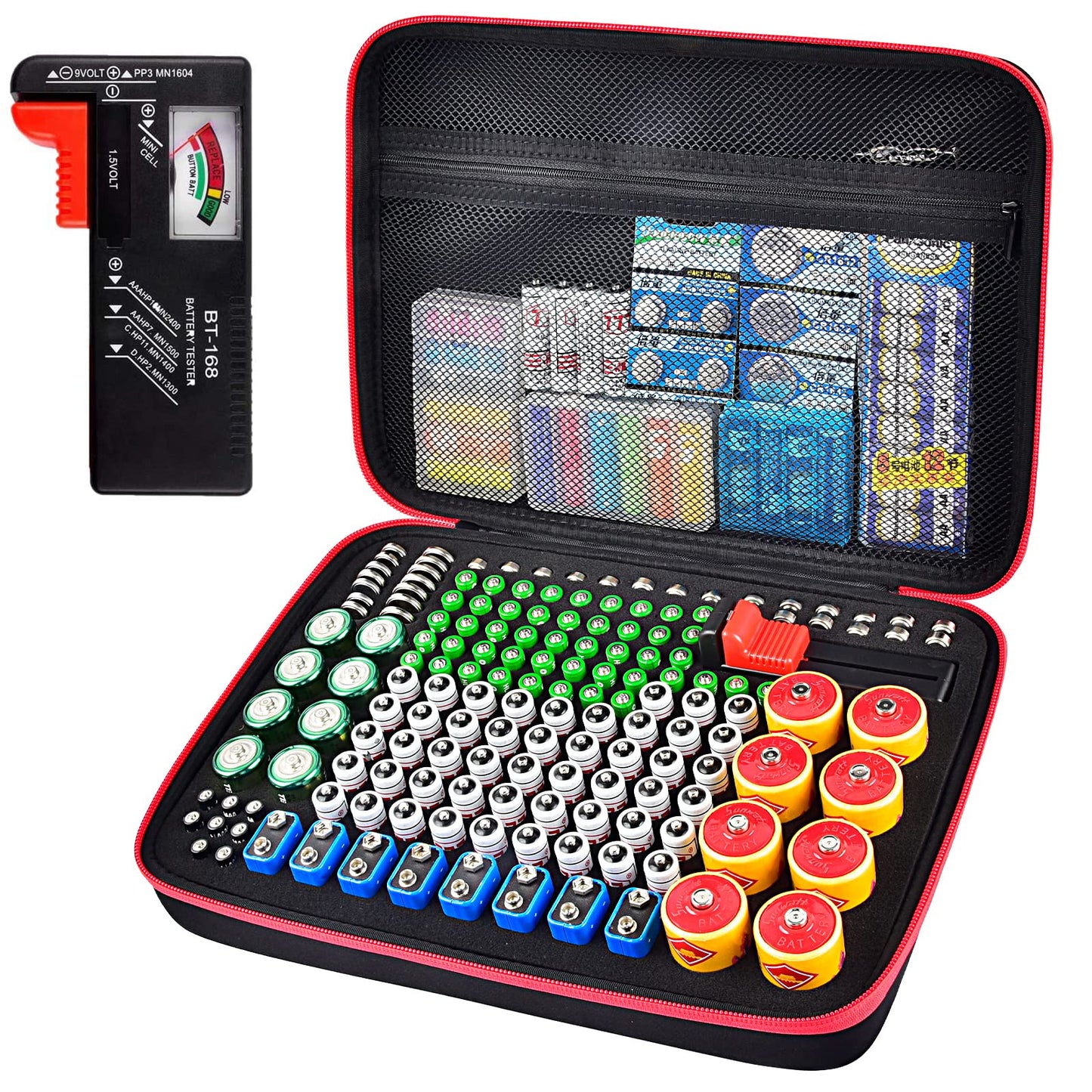 Battery Organizer Storage Holder Case Box with Tester Checker BT-168. Holds 225 Batteries AA AAA C D Cell 9V 3V Lithium (Red)