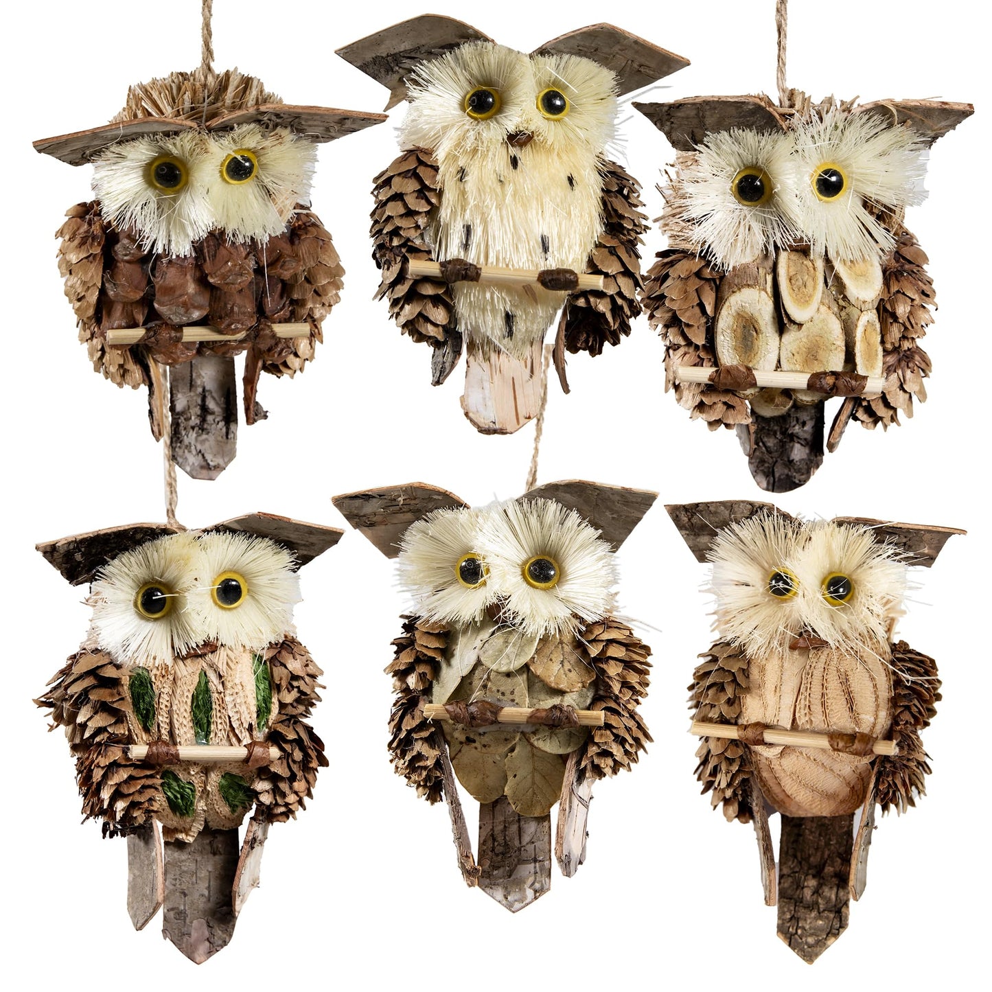 Cartanfill-Woodland Animal Owl Ornaments, Wood and Sisal, Set of 6 Assorted, Christmas Tree, Thanksgiving