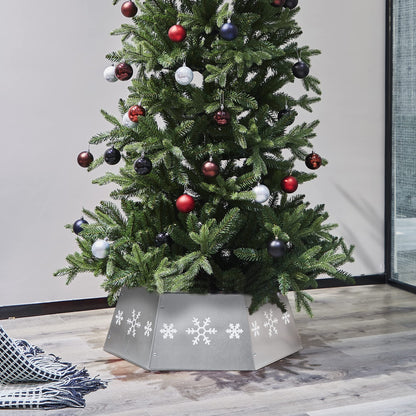 FORUP Metal Christmas Tree Ring with Printed Snowflake, Tree Skirt Base Stand for Tree Decorations (Silver)