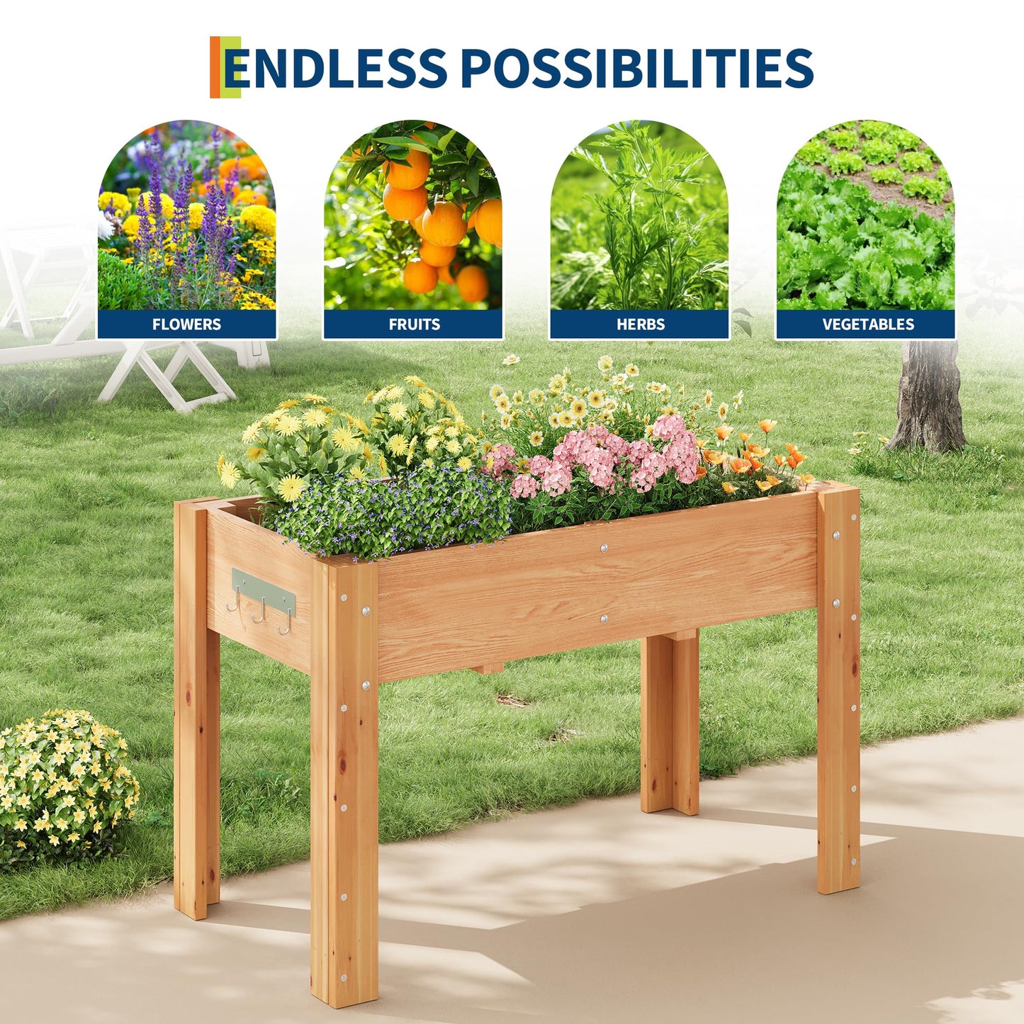 48x24x30IN Wooden Raised Garden Bed with Legs, Elevated Reinforced Large Planter Box for Vegetable Flower Herb Outdoor, Standing Growing Bed forGardening/Backyard/Patio/Balcony, Liner Included