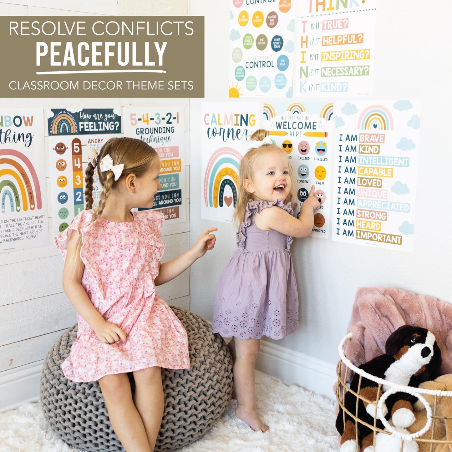 Hadley Designs 8 Calming Corner Posters for Classroom Must Haves - Calm Down Corner Supplies with Emotions Chart, School Counselor Mental Health Poster, Feelings Chart For Kids, Boho Classroom Decor