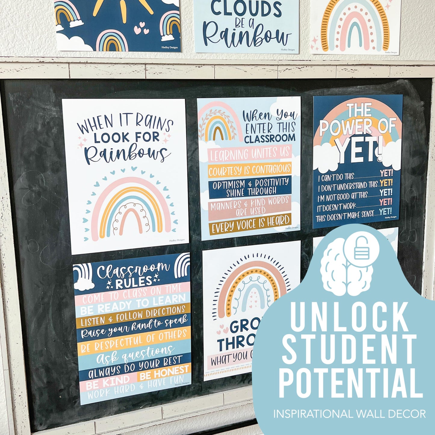 Hadley Designs Motivational Poster for Classroom Decor - 9 Growth Mindset Classroom Posters Elementary, Inspirational Wall Decor Middle School, Teacher Must Haves, Boho Bulletin Board Decorations